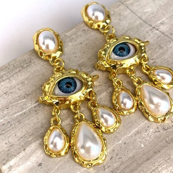 NEW ~ Free People Protective Eye Pearl Dangle Gold Earrings - Picture 5 of 10